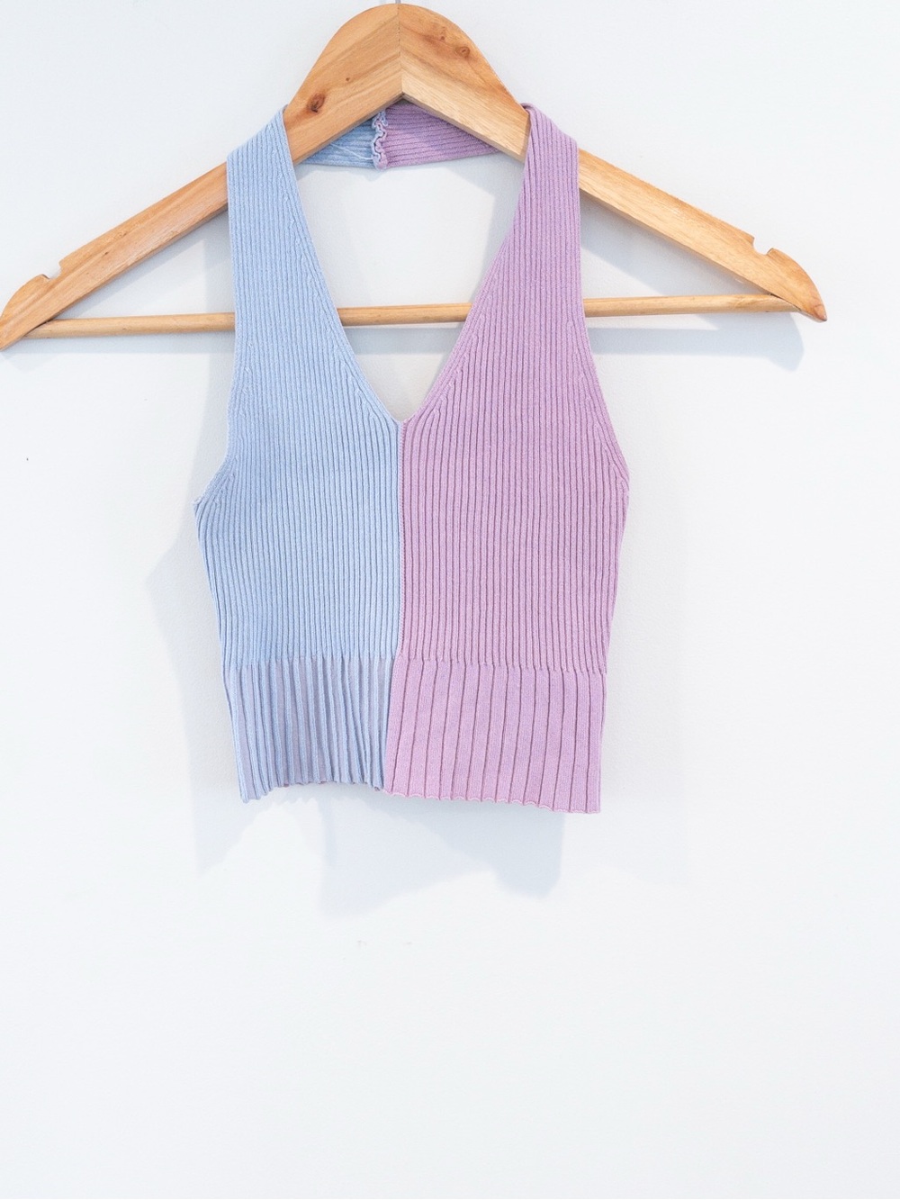 Shein Unity Pastel Blue and Purple Rib Knit Crop Color Block Halter Top XS